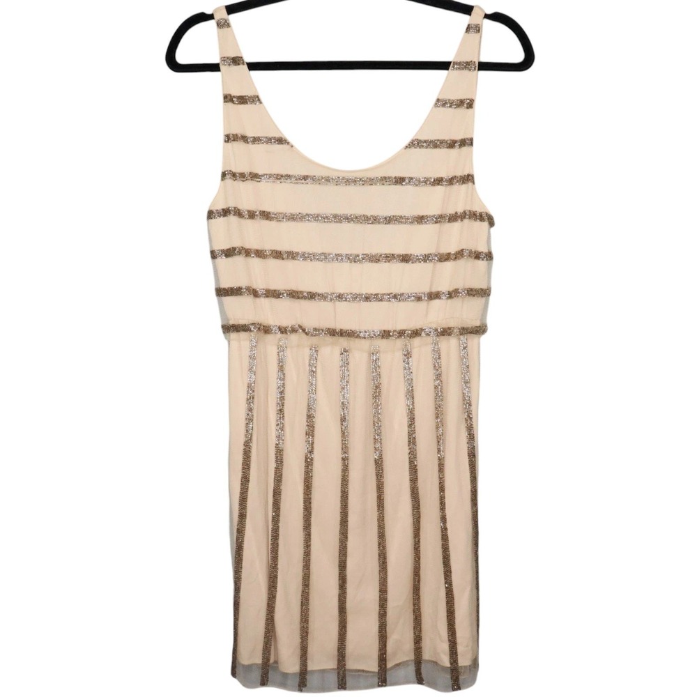 Alice + Olivia x Scoop Gold Beaded Silk Mini Dress Sz 6 Nude Beaded Embellished